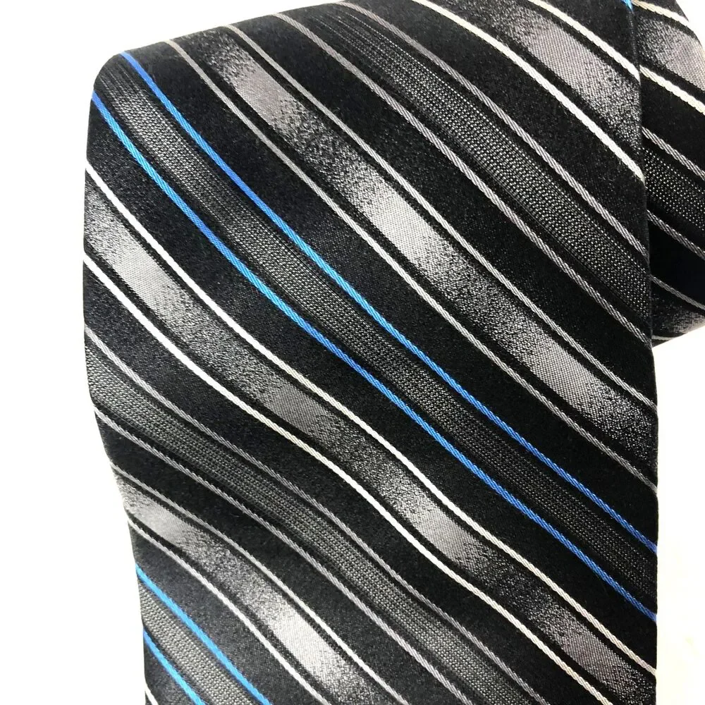 Stafford All Silk Tie Black Grey White Thin Blue Line Diagonal Stripe Long XL